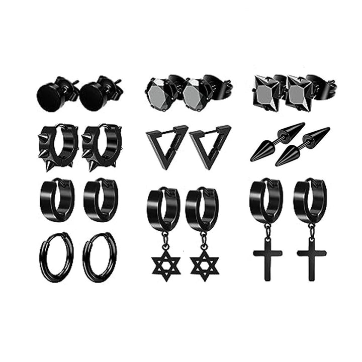 22 Pairs Stainless Steel Black Stud Earrings for Men - Cross Cone Pendant Hoop Earrings Set