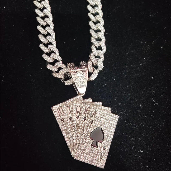 Hip Hop Playing Card Pendant Necklace with Crystal Cuban Chain